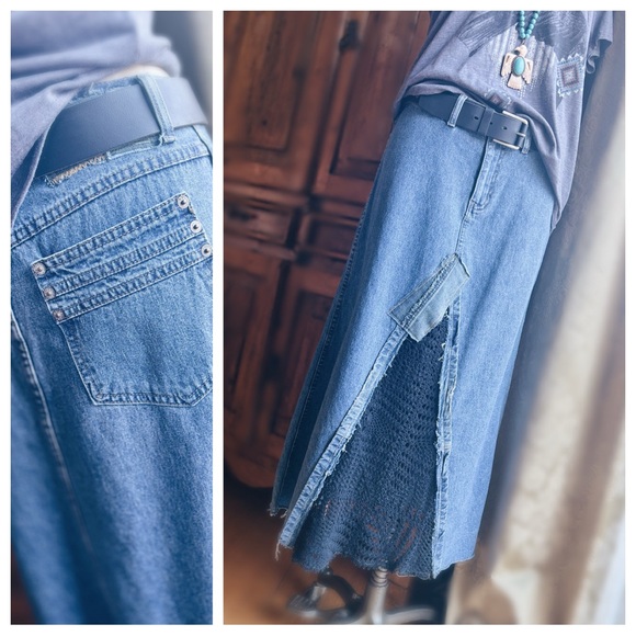 OOAK Artisan Reworked Denim Maxie Skirt | Distressed Jean & Crochet Inserts - Picture 10 of 12